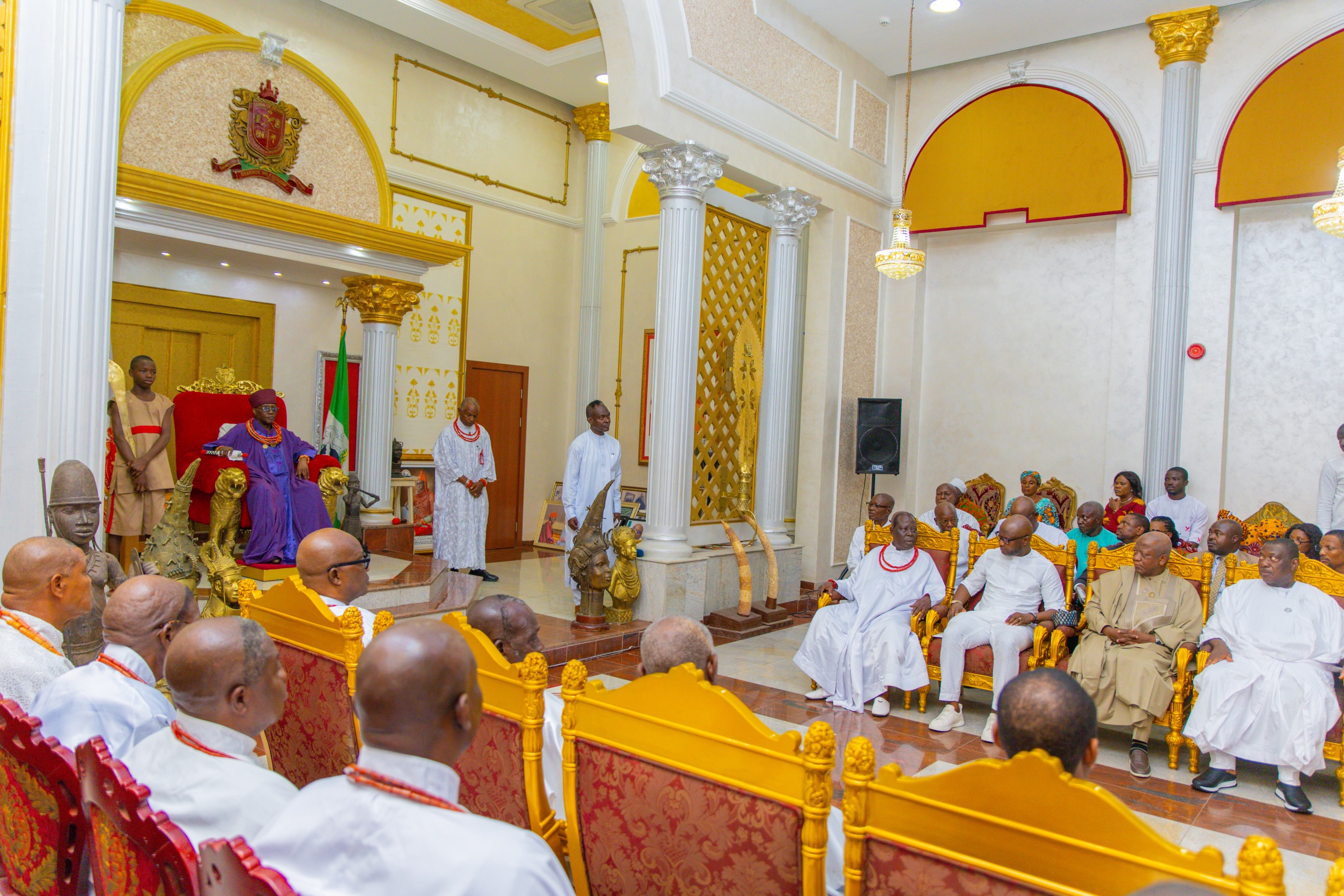 The Presidential Campaign Council delegation gathers for the audience with the Oba of Benin.