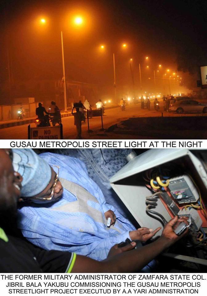 Gusau street lighting and a commissioning scene from the governorship period.